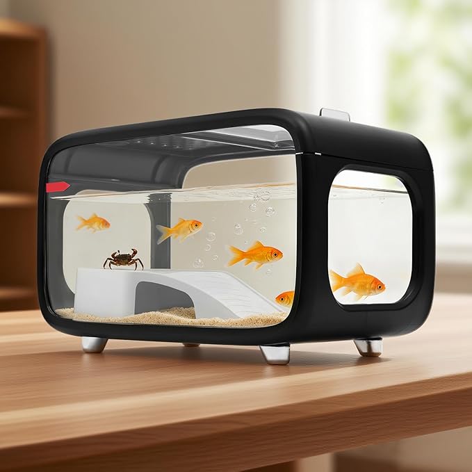 Desktop Fish Tank, 3.2Gal Small Betta Fish & Turtle Tanks, Aquarium Bowl with Detachable Basking Platform, Multi-Functional Areas Aquascape Tanks for Fish Terrapin Frog Shrimp Crab (Black)