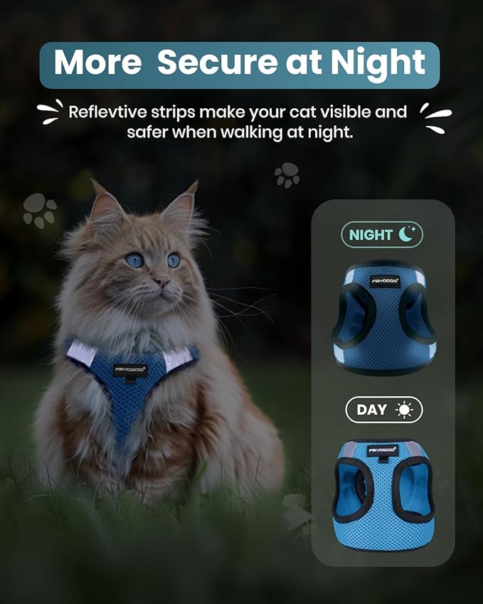 FAYOGOO Cat Harness, Cat Leash and Harness Set for Walking Escape Proof, Harness for Small Cats/Small Dogs, Large Kitten/Puppy Harness and Leash, Harness for Cats S-XXL(Tranquil Teal, Large)
