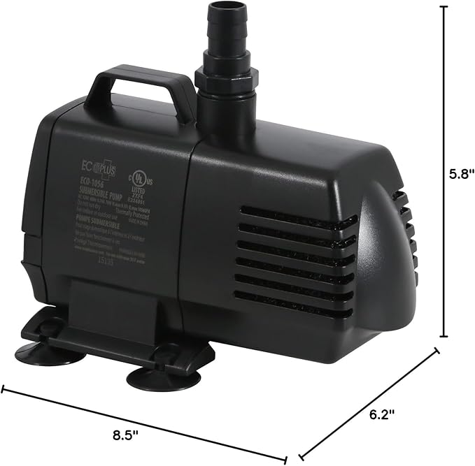 EcoPlus Eco 1056 Water Pump Fixed Flow Submersible Or Inline For Aquariums, Ponds, Fountains & Hydroponics - UL Listed, 1083 GPH, Black