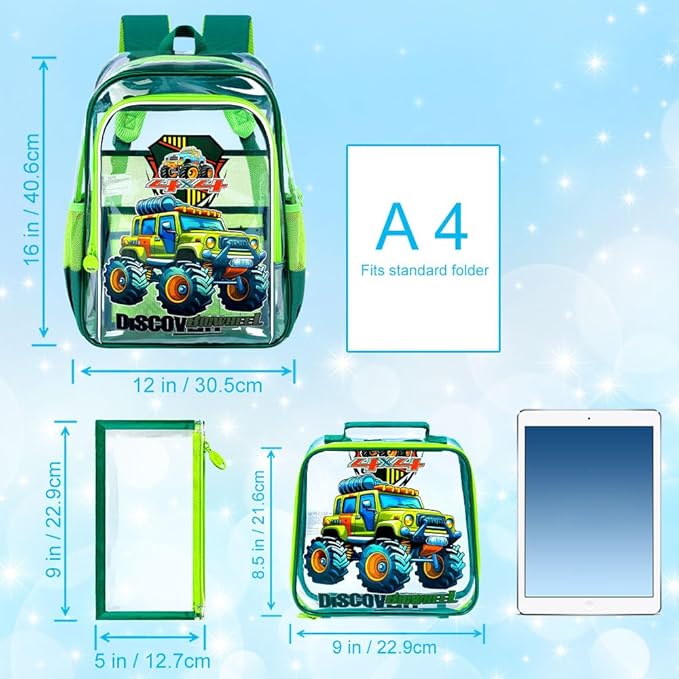 AGSDON 3PCS Clear Backpack for Boys, 16" Truck Transparent Bookbag Heavy Duty,See Through Backpacks with Lunch Bag- Green Truck