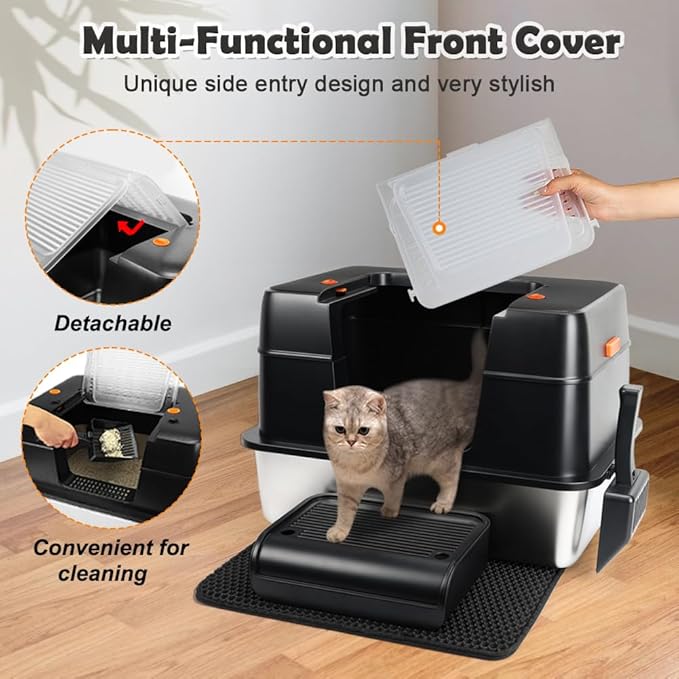 Vivifying Stainless Steel Litter Box, XL Side Entry Extra Large Litter Box with Lid for Big Cats & Kitty, Removable Enclosed Metal Cat Pan with High Sided Enclosure, Scoop (Black)