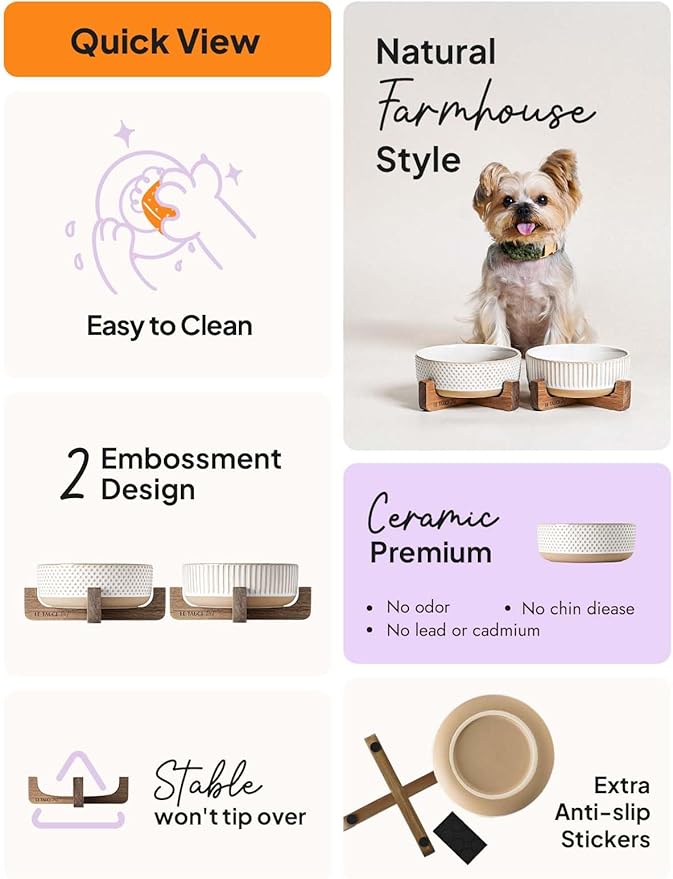 LE TAUCI PET Ceramic Dog and Cat Bowl Set with Acacia Wood Stand - 2 Cup Weighted Non-Slip Food and Water Bowls for Small Dogs & Cats, Lines + Dot