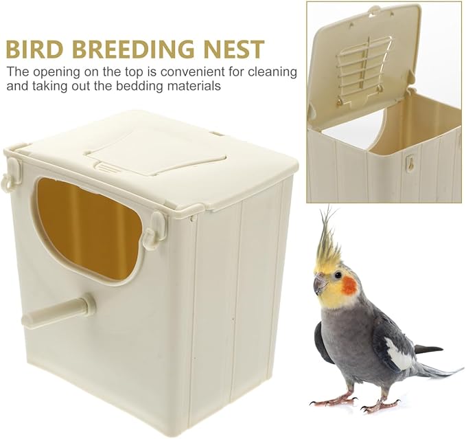 POPETPOP Parakeet Nesting Box Plastic Bird Breeding Nest with Hinged Cover for Bird Cage Mounted Small Birds Like Cockatiels Lovebirds Budgies 5.11X5.11X3.93In Easy to Clean