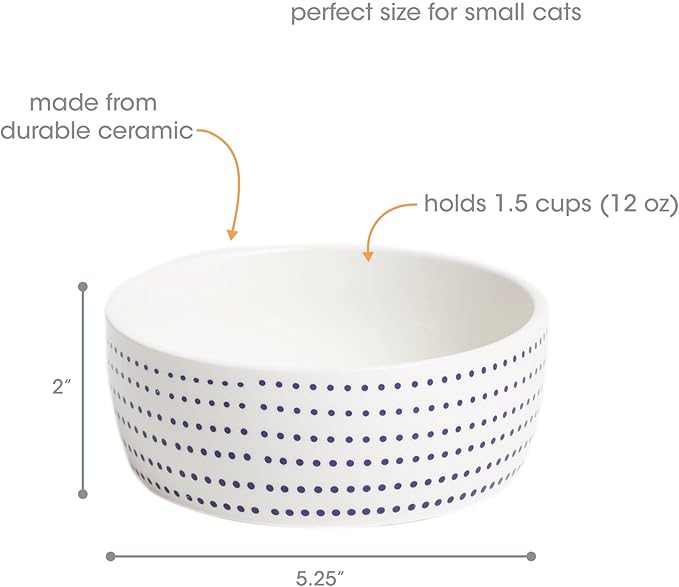 Pearhead Ceramic Cat Bowl for Food and Water, Whisker Fatigue Shallow Wide Cat Food Bowl, Heavyweight Non Slip Non Tip Pet Dish, Modern White Cat Bowl with Blue Dot Design