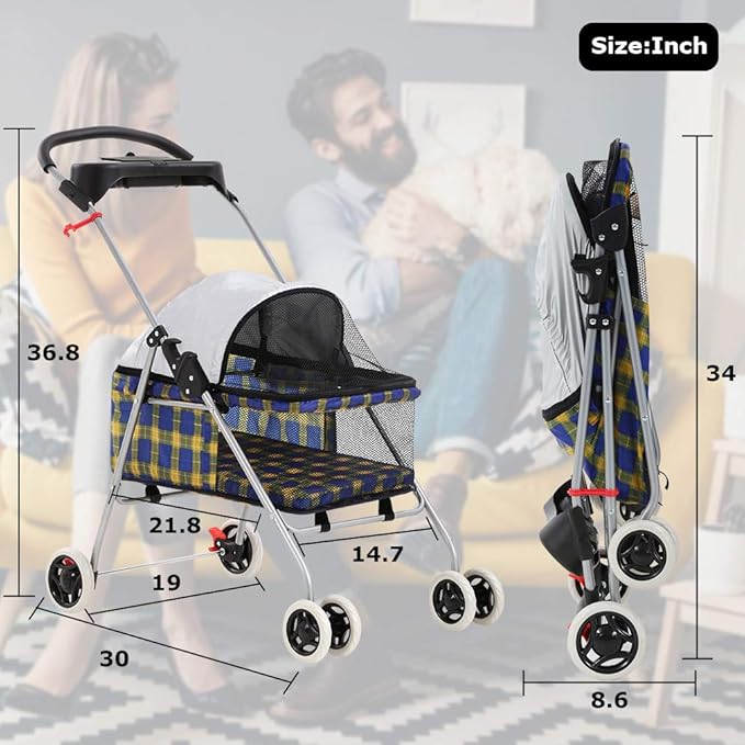 BestPet Pet Stroller 4 Wheels Posh Folding Waterproof Portable Travel Cat Dog Stroller with Cup Holder (Yellow Plaid)