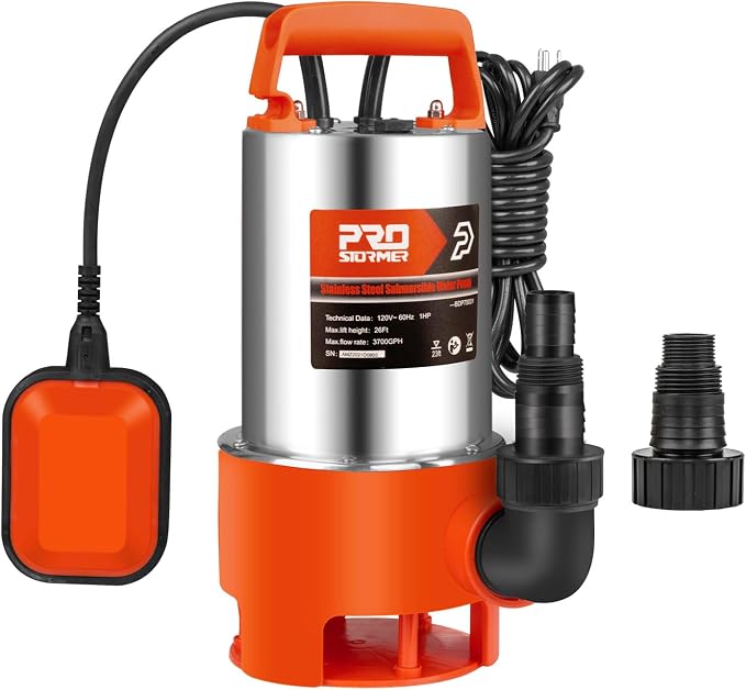 Prostormer 1HP 3700GPH Clean/Dirty Stainless Steel Submersible Sump Pump | Water Pump with Float Switch, Fresh/Mains/Pool Water, Orange