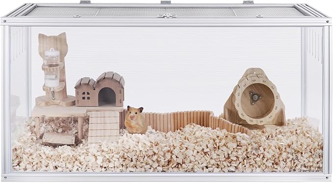 Large Hamster Cage, 32 x 16 x 16 in Chew-Proof Metal Frame, Clear Acrylic with Vent Holes, Hinged Top with Stainless-Steel Mesh — Hamster Enclosure