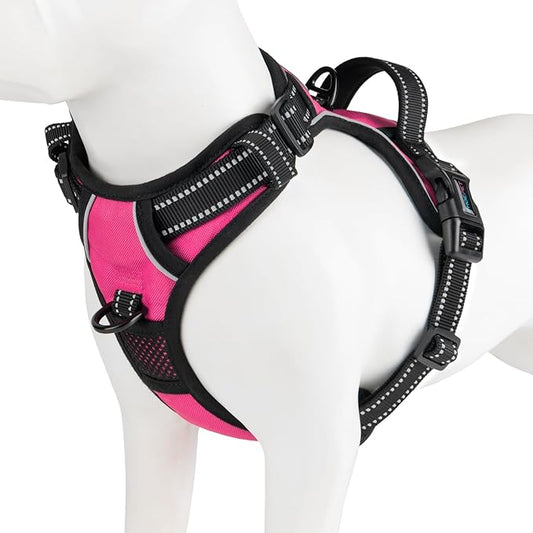 PHOEPET No Pull Dog Harness Medium Reflective Front Clip Puppy Vest with Handle, Adjustable 2 Metal Leash Attachment Hooks(M, Pink)