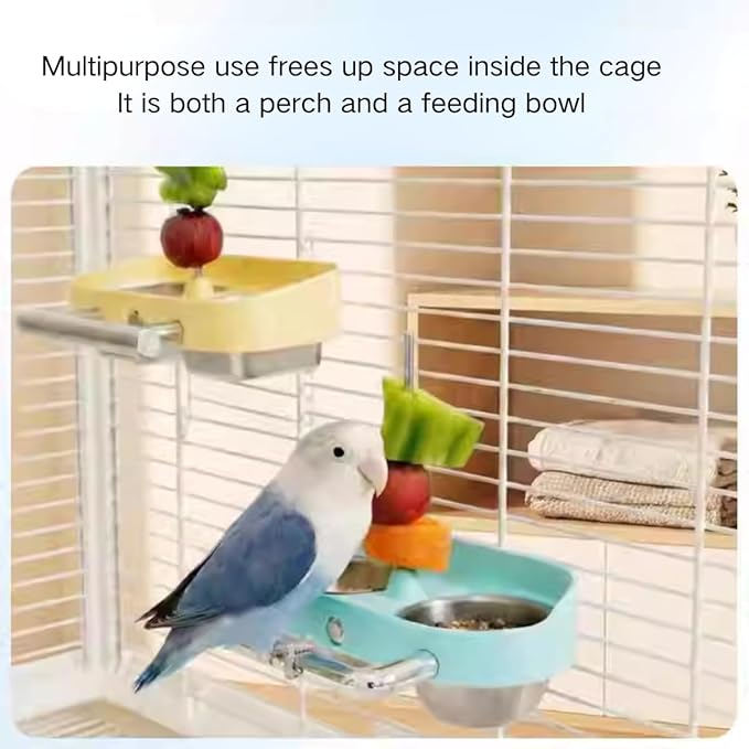 Bird Feeder Birds Bowls Stainless Steel Dishes Coop Cups with Fruit Skewer, Parrot Feeding Dish Cups Food Water Bowls with Bird Food Holder for Budgies Lovebirds (Blue,Square)