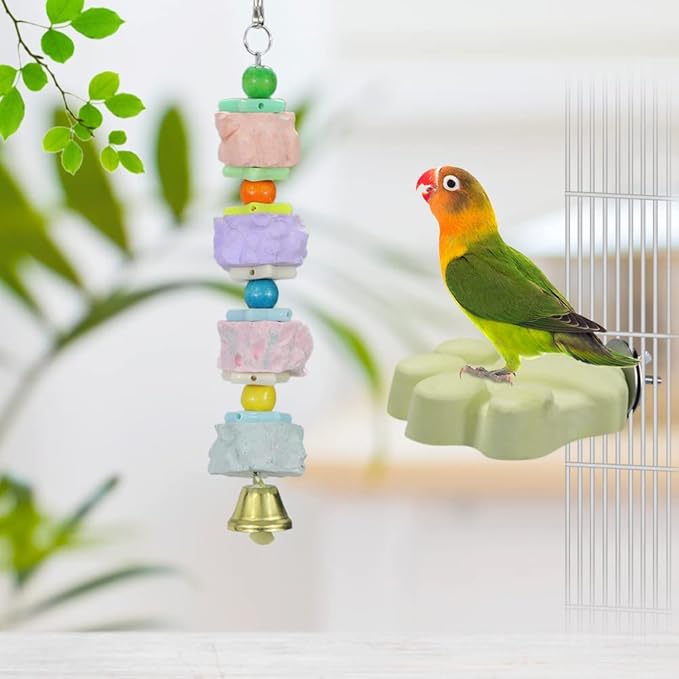 Litewoo Bird Beak Trim Colorful Calcium Stone Parrot Pet Chew Long String Cage Toy with Bell, Chinchilla Grinding Teeth Claw Shape Lava Block for Conure, Budgies, Parakeet, Hamster, Rabbit 2-Pcs