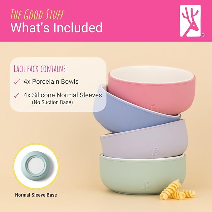 Elk and Friends Kids Porcelain Bowls with Silicone Sleeves | Suitable for Babies/Toddlers | Microwave & Dishwasher Safe | Non Slip Dinnerware | Snack Dishes | 4 Pack