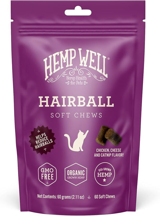 Hemp Well Cat Hairball Soft Chews for Cats, Hairball Control & Digestive Support, Organic Hemp Seed Powder, Pumpkin Seed & Psyllium Fiber, Skin & Coat Support, Chicken Cheese & Catnip Flavor, 60 Ct