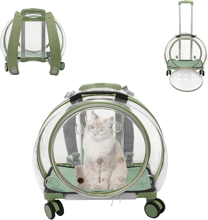 Cat Carrier with Wheels, Breathable Cat Rolling Carrier with Telescopic Handle, Bubble Cat Backpack Carrier, Clear Pet Travel Bag for Small Dogs Pets, up to 19lbs, 15.7" x 10.6" x 17.7" (Green)