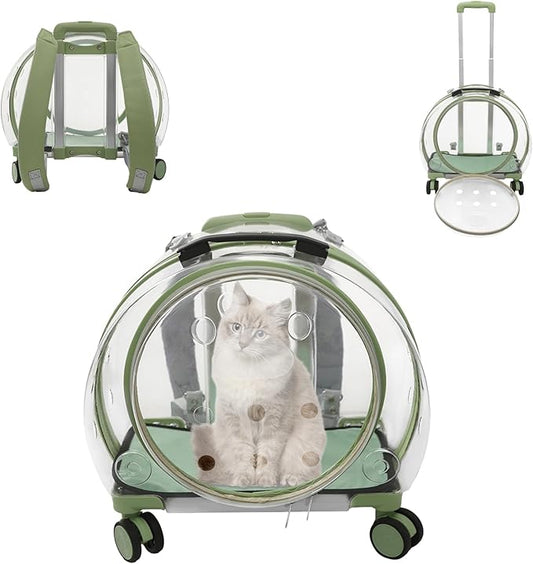 Cat Carrier with Wheels, Breathable Cat Rolling Carrier with Telescopic Handle, Bubble Cat Backpack Carrier, Clear Pet Travel Bag for Small Dogs Pets, up to 19lbs, 15.7" x 10.6" x 17.7" (Green)