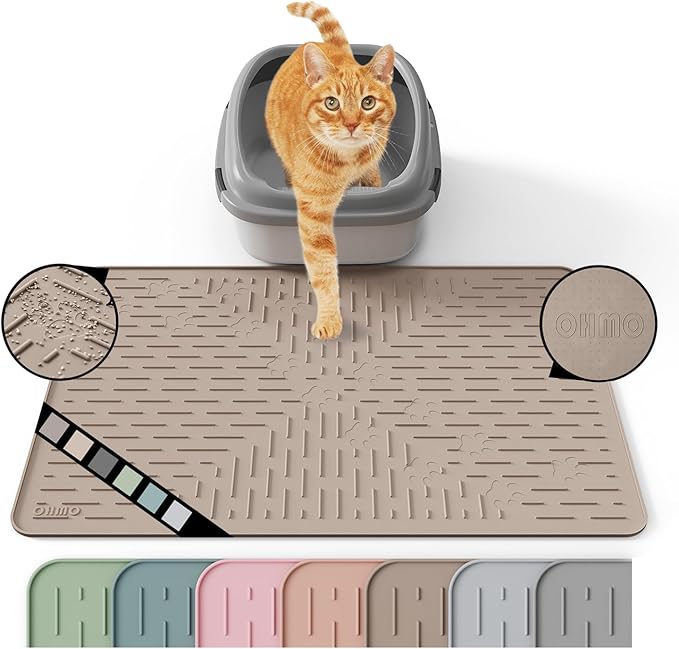 OHMO Cat Litter Mat Trapping Mat Premium Silicone Rubber 23.5x16 Beige, Waterproof and BPA Free Kitty Litter Box Mat, Easy to Clean and Keeps The Floor Tidy
