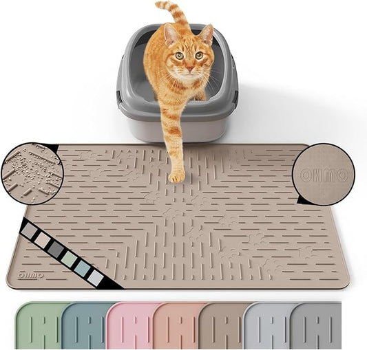 OHMO Cat Litter Mat Trapping Mat Premium Silicone Rubber 23.5x16 Beige, Waterproof and BPA Free Kitty Litter Box Mat, Easy to Clean and Keeps The Floor Tidy
