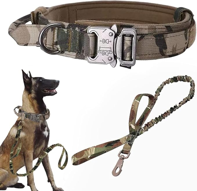 Xqpetlihai Tactical Dog Collar and Leash Set Adjustable Military Nylon Dog Collar with Control Handle and Heavy Duty Metal Buckle for Large Dogs（Camo XXL