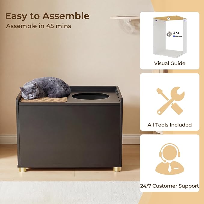 Amunrbrek Top Entry Litter Box Enclosure, Flip Top Cat Litter Box Furniture with Scratch Mat, Stylish Hidden Cat Washroom for Large Cats (Black)