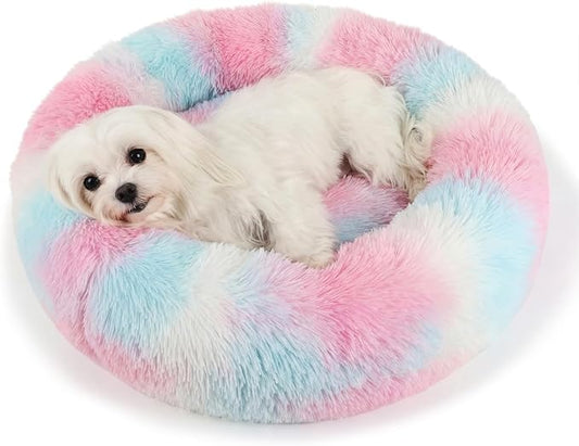 Calming Donut Dogs Beds for Small Dogs Washable,23inch Plush Round Pet Bed for Cozy Sleep,Fluffy Faux Fur Large Cat Bed,Fits up to 25 lbs Pets,Multi Colored