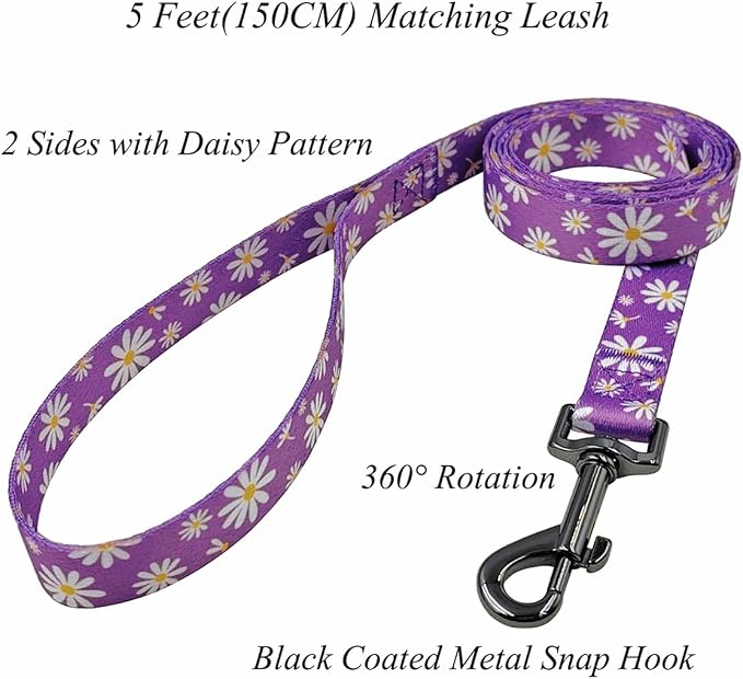 Dog Collar Leash Set, Floral Pattern, Polyester Material, Adjustable Collar and 5ft Matching Leash, for Puppy Dogs.(XS, Purple Daisy)