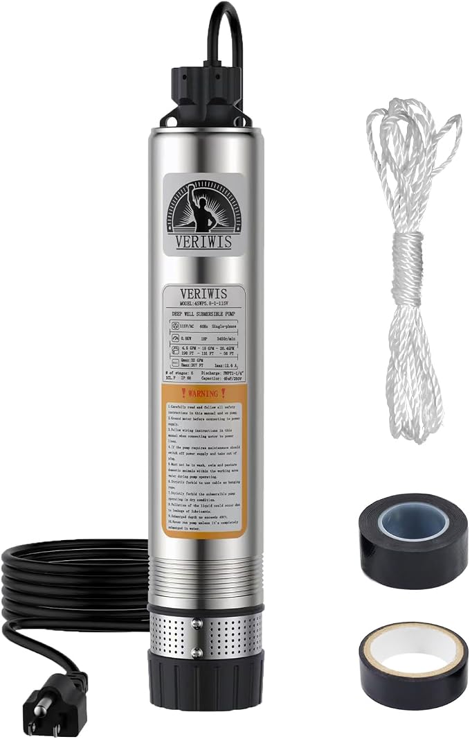 Submersible Well Pump 4" 1HP 115V 32GPM 207FT Head | Clog-Resistant Bottom Suction, 3-Year Warranty, 33FT UL Cord, Stainless Steel, for Septic Tank Effluent Water