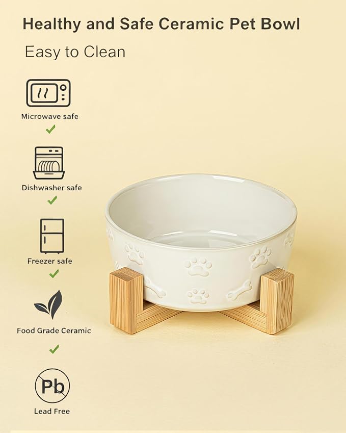 Ceramic Dog Bowls with Stand, 6.5 inch Dog Food Water Bowl Set for Medium Small Dogs Pet Dishes Set of 2, White with Cute Pattern