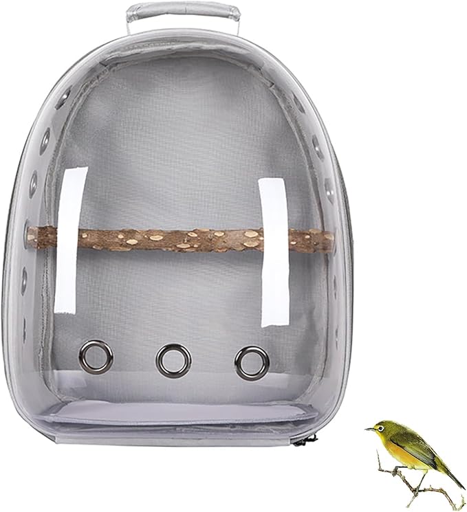 Bird Carrier Backpack with Wood Perch, Transparent Bird Travel Cage, Portable Pet Carrier Backpack, Breathable Hangbag for Vet Transport Camping Hiking (Grey)
