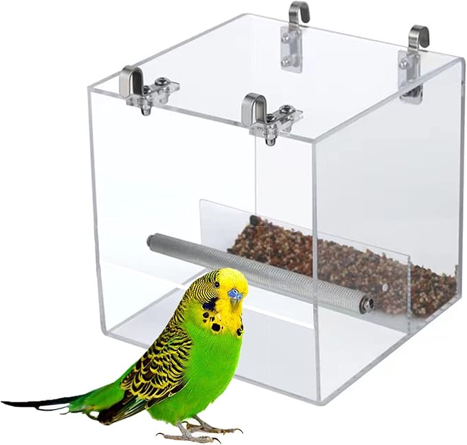 Automatic Bird Feeder for Cage, Automatic Acrylic Bird Feeder No Mess Bird Cage for Small Bird Parrots Canary Parakeet Budgerigar Crested Myna Cockatiel (L: 6.3" x 6.2" x 6.2")