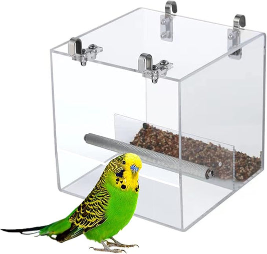 Automatic Bird Feeder for Cage, Automatic Acrylic Bird Feeder No Mess Bird Cage for Small Bird Parrots Canary Parakeet Budgerigar Crested Myna Cockatiel (L: 6.3" x 6.2" x 6.2")