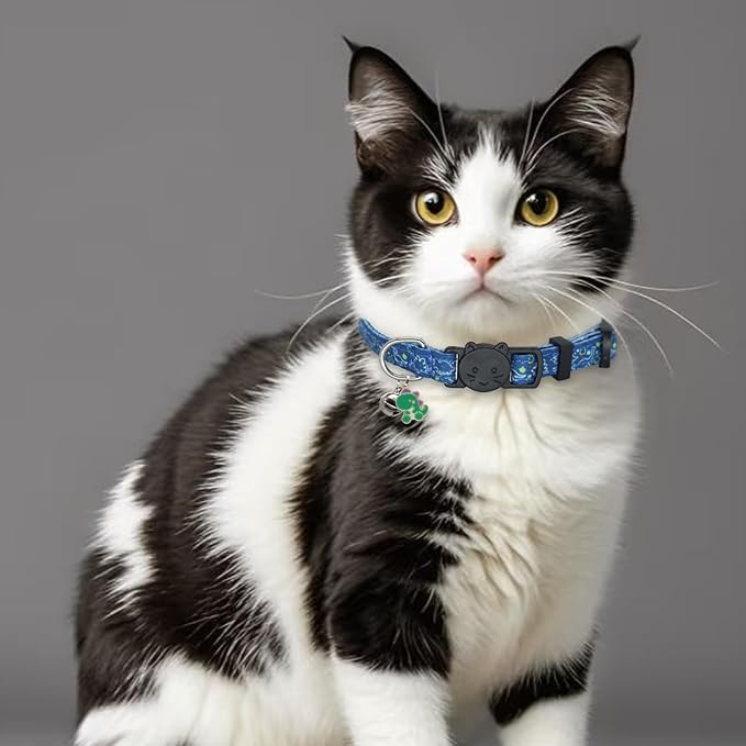 Cat Collar Breakaway, 2 Pack Cotton Kitten Collars with Bells and Removable Charms, Cute Dinosaurs Shaped for Indoor Boy, Girl and Adult Cats