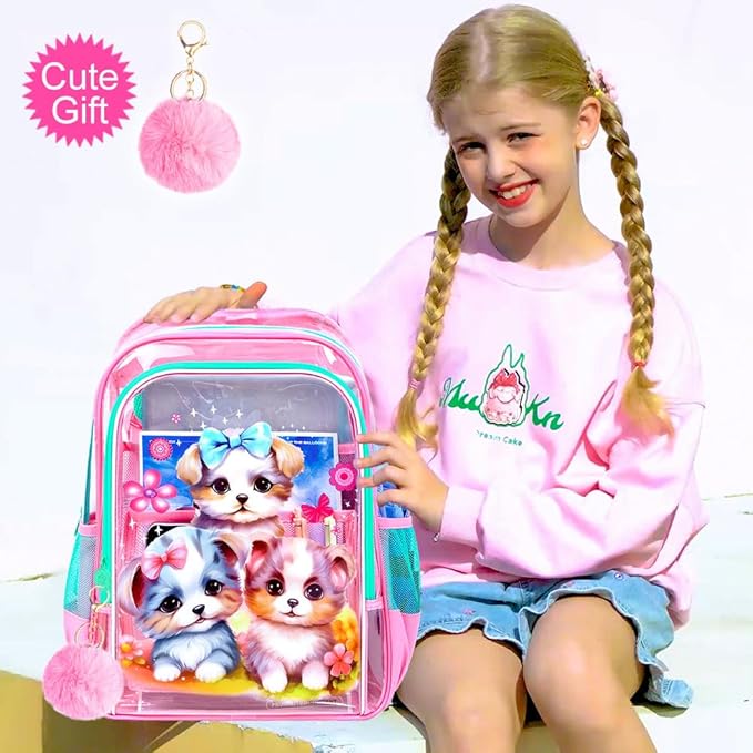 AGSDON 3PCS Clear Backpack for Girls, Kids Dog Transparent Backpack with Heavy Duty PVC, See Through Backpacks with Lunch Bag- Pink Dog