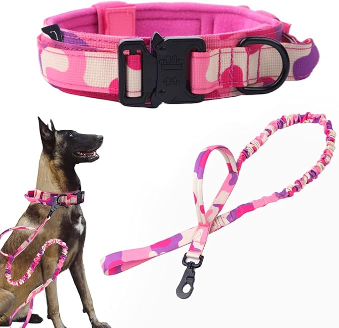 Xqpetlihai Tactical Dog Collar and Leash Set Adjustable Military Nylon Dog Collar with Control Handle and Heavy Duty Metal Buckle for Large Dogs（Pink Camo M