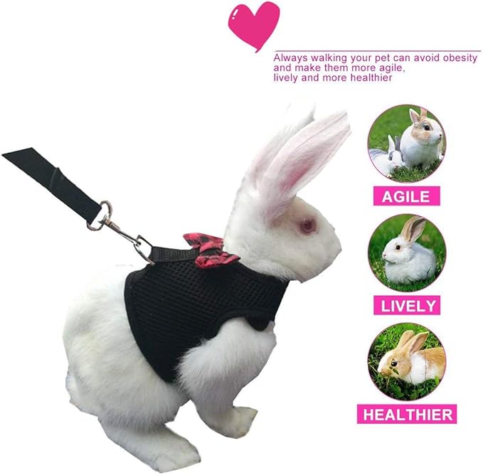 Rabbit Harness with Leash Adjustable Soft Mesh Vest Harness for Bunny Kitten Guinea Pig Rat (S, Black)