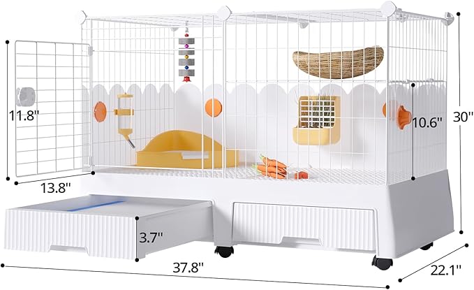 Oneluck Large Rabbit Cage Indoor,2-Story Bunny Hutch with Rasied Urine-Proof Walls, Leak-Proof Trays, Wheels,37" L x22 W x 30" H for Rabbits, Chinchillas, Guinea Pig and Small Animals