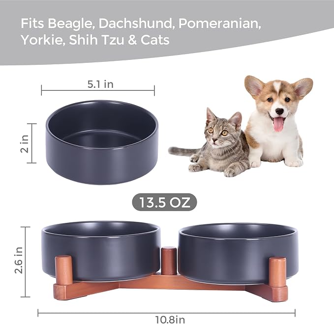 Elevated Ceramic Dog Bowls for Small Dogs, Adjustable Wooden Stand with Raised Food & Water Bowls, Modern Pet Feeding Station for Cats and Small Dogs, Non-Slip 13.5oz Black | Adjustable Wooden Stand