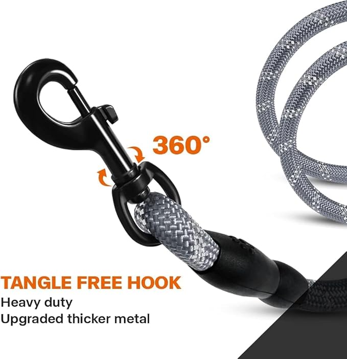 Taglory Rope Dog Leash 6 FT with Comfortable Padded Handle, Highly Reflective Threads Leash and Anti-Tangle Clip for Walking Small Dogs, 3/8 inch, Grey