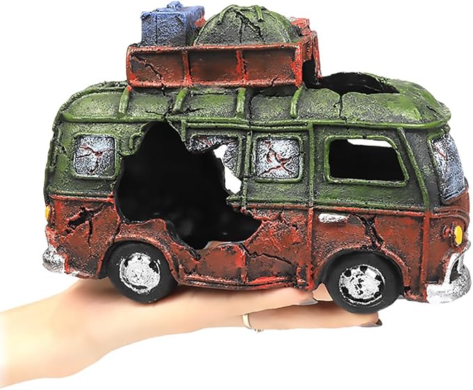 Aquarium Decorations Resin Bus Wreck Fish Tank Decoration Beta Fish Shrimp Aquatic Pets Hiding Cave Accessories