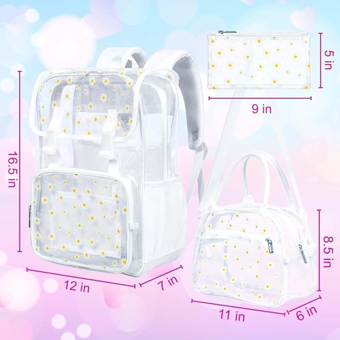 17" Daisy Clear Backpack for Girls - Flip Design Stadium Approved 3Pcs Set, Heavy Duty PVC Bookbag for Concert/School (White)