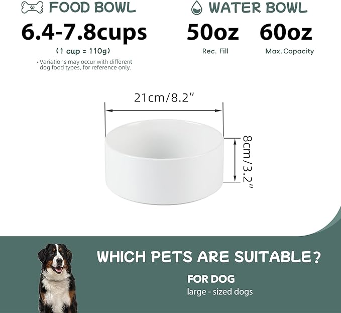 Havniva 8.3” Dog Bowl Ceramic Dog Food and Water Bowl, Durable Dog Water Bowl with Non-Slip Rubber Base Large Capacity Feeding Dishes for Large Dogs