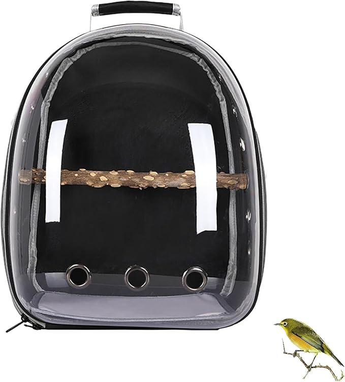 Bird Carrier Backpack with Wood Perch, Transparent Bird Travel Cage, Portable Pet Carrier Backpack, Breathable Hangbag for Vet Transport Camping Hiking (Black)