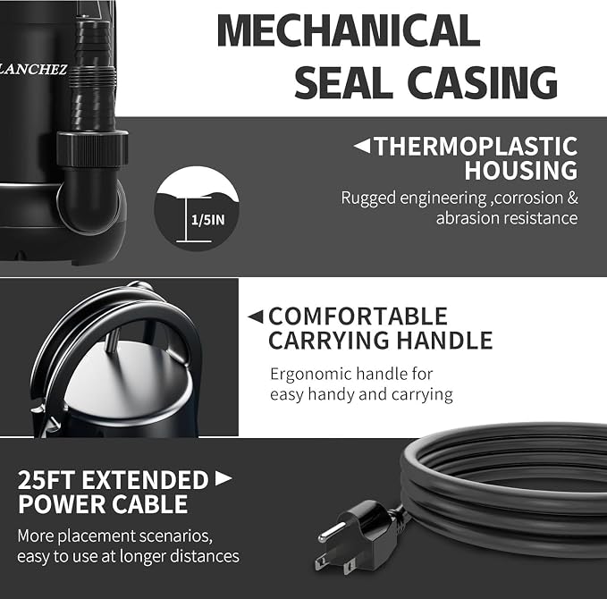 LANCHEZ Sump Pump 1 HP 4700 GPH Submersible Water Pump Thermoplastic Portable Utility Pump High Flow Water Removal for Swimming Pool Garden Pond Basement Window Wells with 25FT Long Power Cord