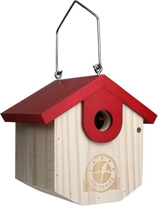 SISTERBIRD Wren Bird Houses for Outside Cedar Hanging Birdhouses for Outdoors 1-1/8" Entrance Hole Bird Houses for Outside Clearance Wooden Nesting Box Chickadee Predator Guard, Red