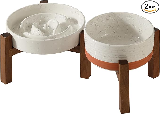 Havniva Elevated Slow Feeder Dog Bowls, 1.2 Cups/7.3 inch Slow Feeders + 6.1 inch Ceramic Dog Food & Water Bowls Set with Acacia Wood Stand Puzzle Bowls for Fast Eater, Small Dogs Anti-Choking