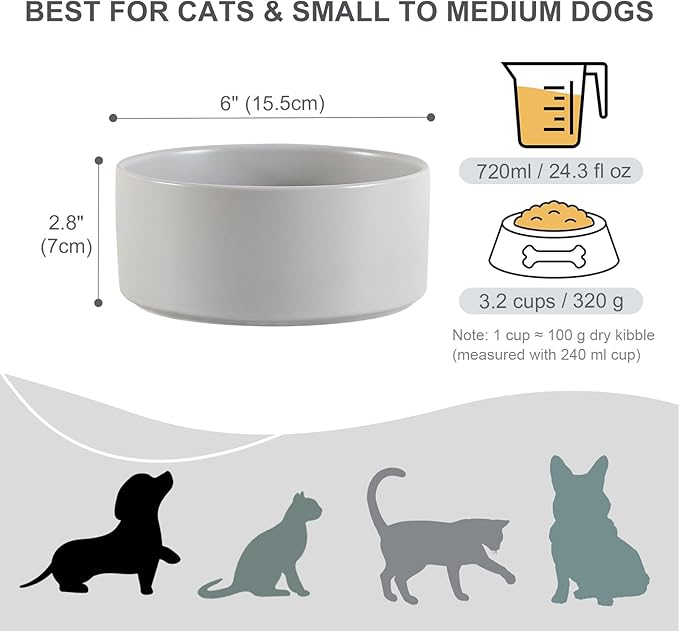 Ceramic Dog Bowl for Food and Water - Pet Feeder Bowl for Small to Medium Dogs and Large Cats - Heavy Ceramic Feeding Dish with Non Slip Base - Dishwasher & Microwave Safe - 6 Inch - 3.2 Cups - Gray