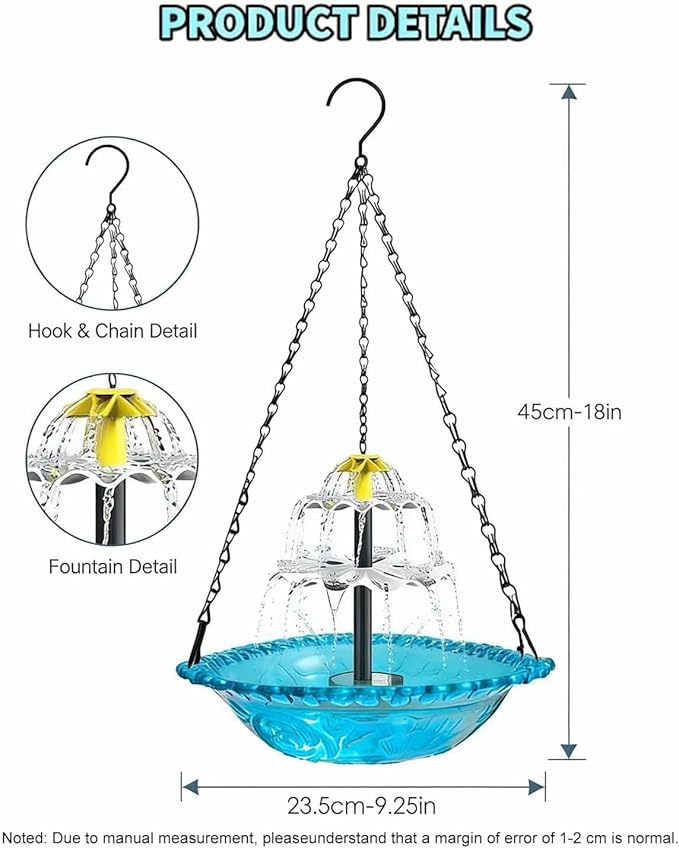 Hanging Bird Bath with Solar Fountain - 3 Layers Cascading Bird Bath Fountains | with Solar Pump & Bowl, Bird Baths for Hummingbirds, Garden Patio Backyard Lawn Decor
