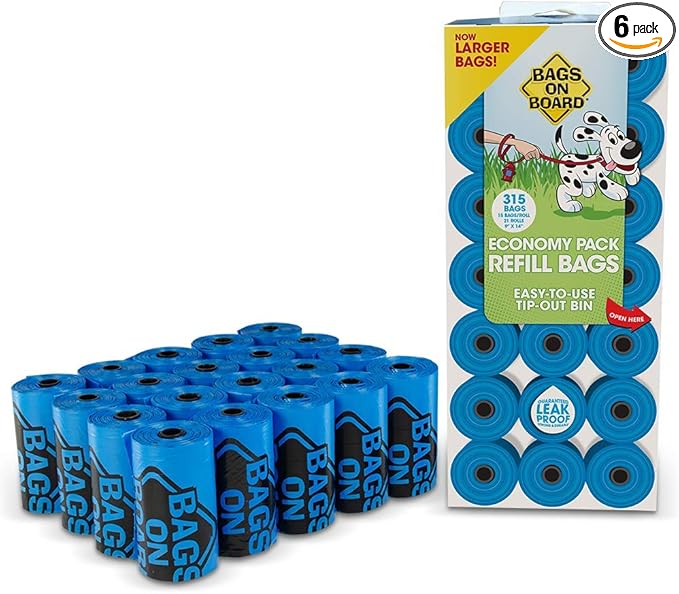 Bags On Board Dog Poop Bag | Strong, Leak Proof Dog Waste Bag | 9 x14 Inches, 315 Blue Bags (Pack of 6)