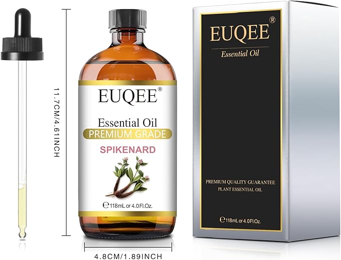 EUQEE Spikenard Essential Oil 118ml/4Fl Oz Pure Spikenard Oil Premium Essential Oil with Glass Dropper Great for Yoga, Meditation, Massage, Diffuser, DIY Soap, Candle Making, Aromatherapy, Sleep