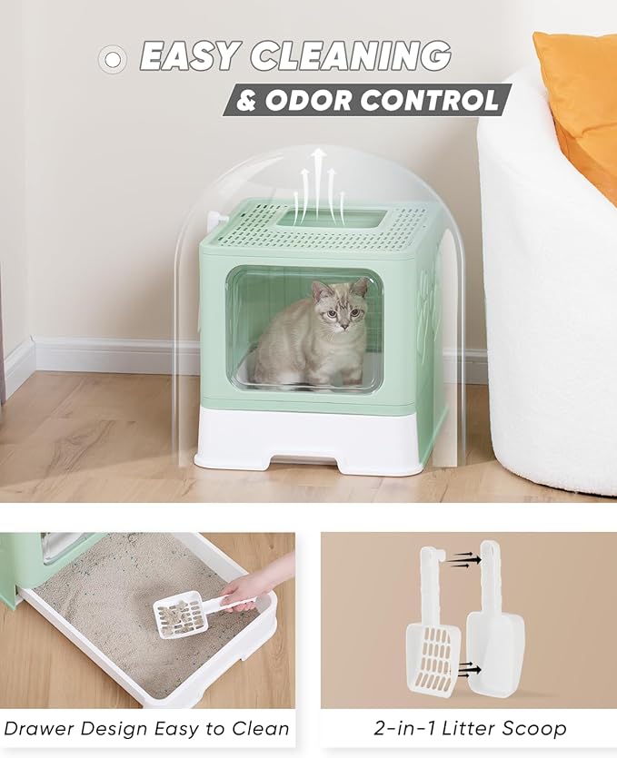 Covered Litter Box, Large Litter Box for Big Cats, Enclosed Cat Litter Boxes with Lid, Top Entry Kitty Litter Box with Scoop, Odor Control, Easy to Clean (Green)