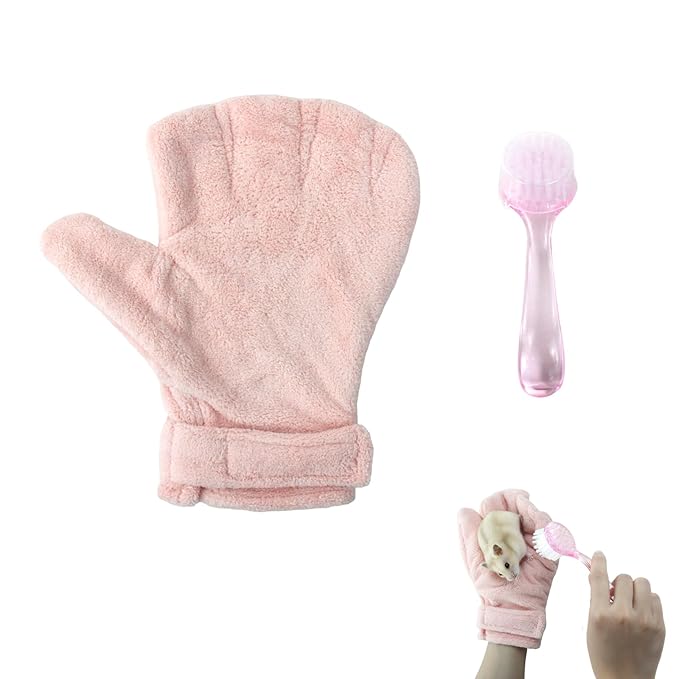 Hamster Bite Proof Glove and Grooming Brush Set, Adjustable Hamster Glove, Lid Soft Cleansing Brush Massage Combs, Guinea Pig Brush, Hamster Care Set for Hamsters, Ferrets, Hedgehogs (Pink)