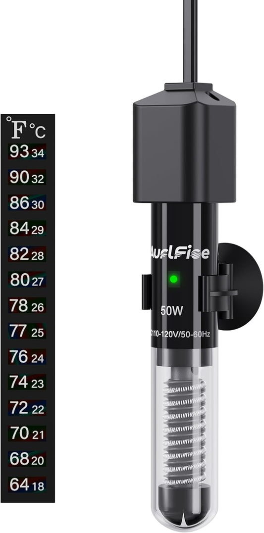 50W Aquarium Heater, Small Submersible Fish Tank Heater with Mini Aquarium Thermometer, for Betta Turtle Saltwater Freshwater 5-10 Gallon Tanks